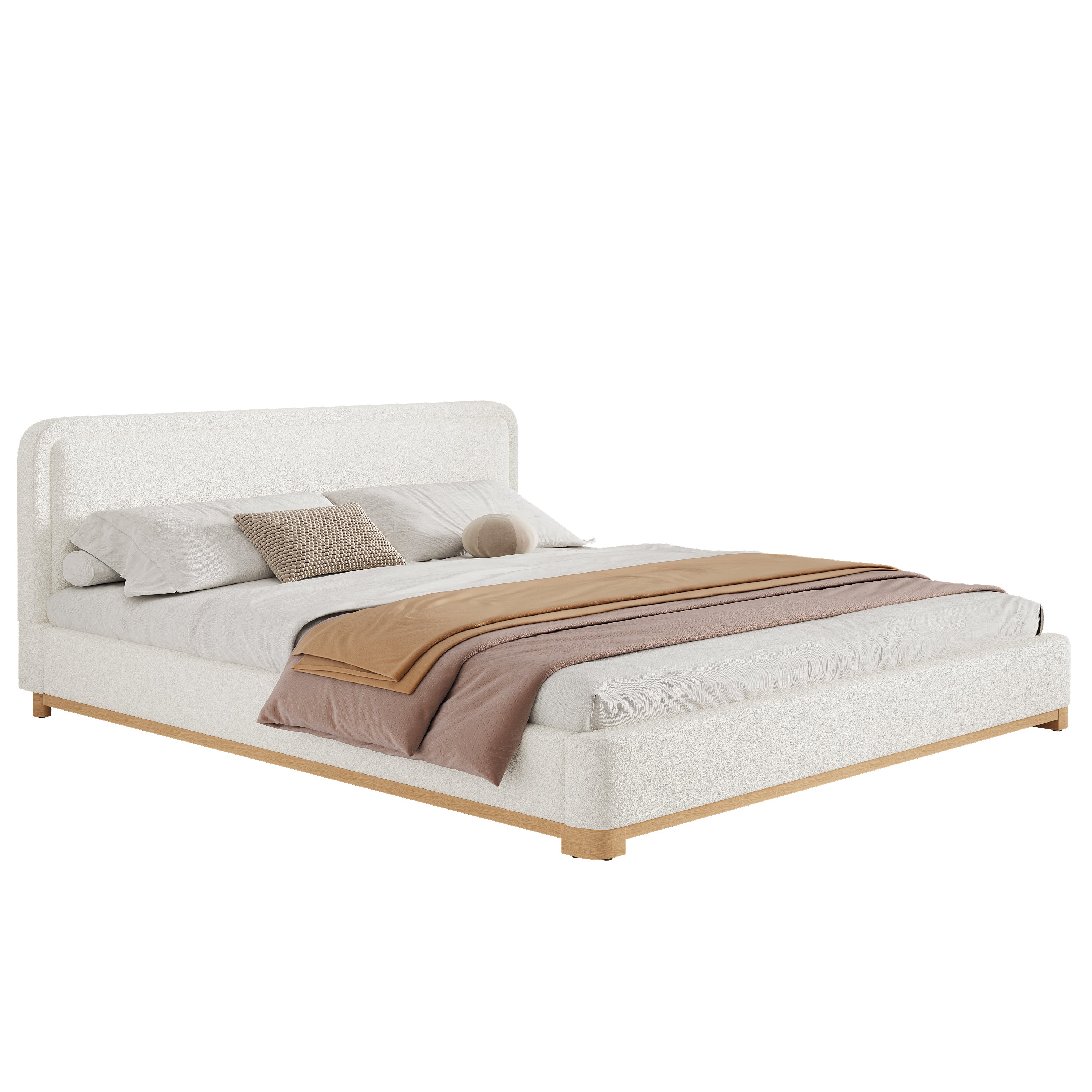 [variant:N859K000012W] King Bouclé Platform Bed with Curved Headboard – White image 12