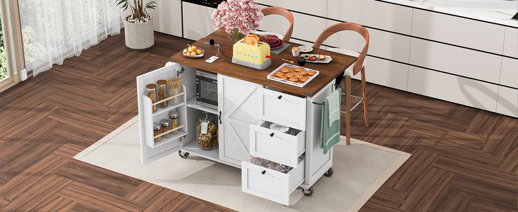 [variant:N853P379579W] Farmhouse Rolling Kitchen Island with Drop Leaf – White, 54.5-Inch image 21