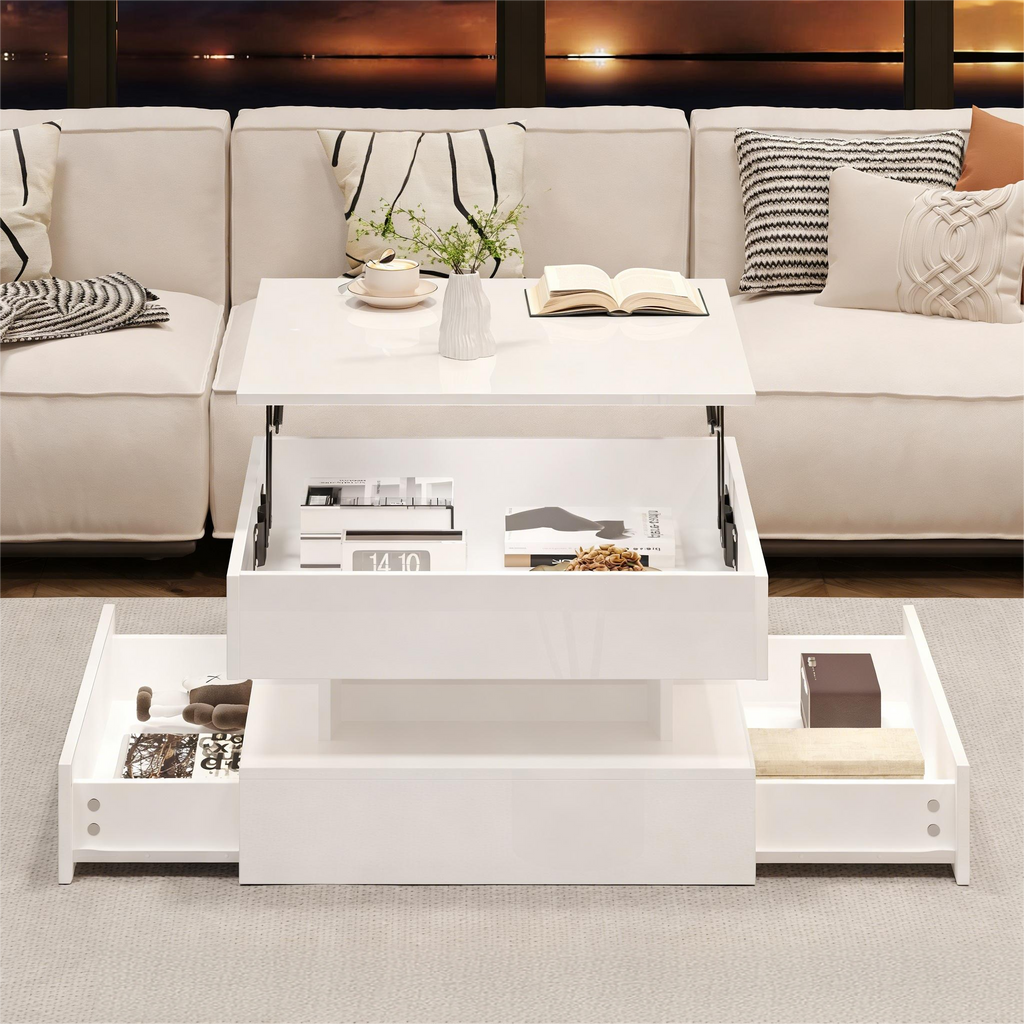 [variant:N892P407973W] White Lift-Top LED Coffee Table with 2 Drawers image 6
