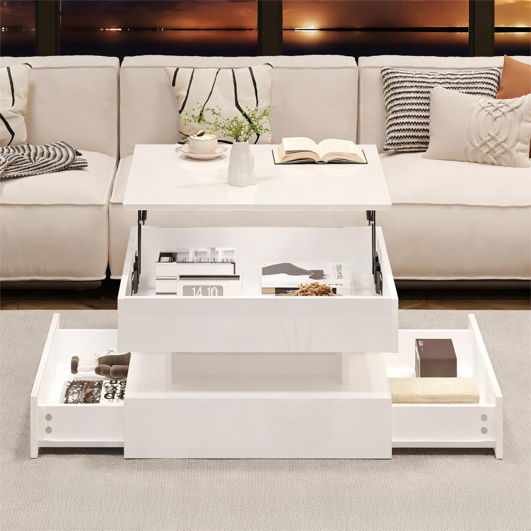[variant:N892P407973W] White Lift-Top LED Coffee Table with 2 Drawers image 6