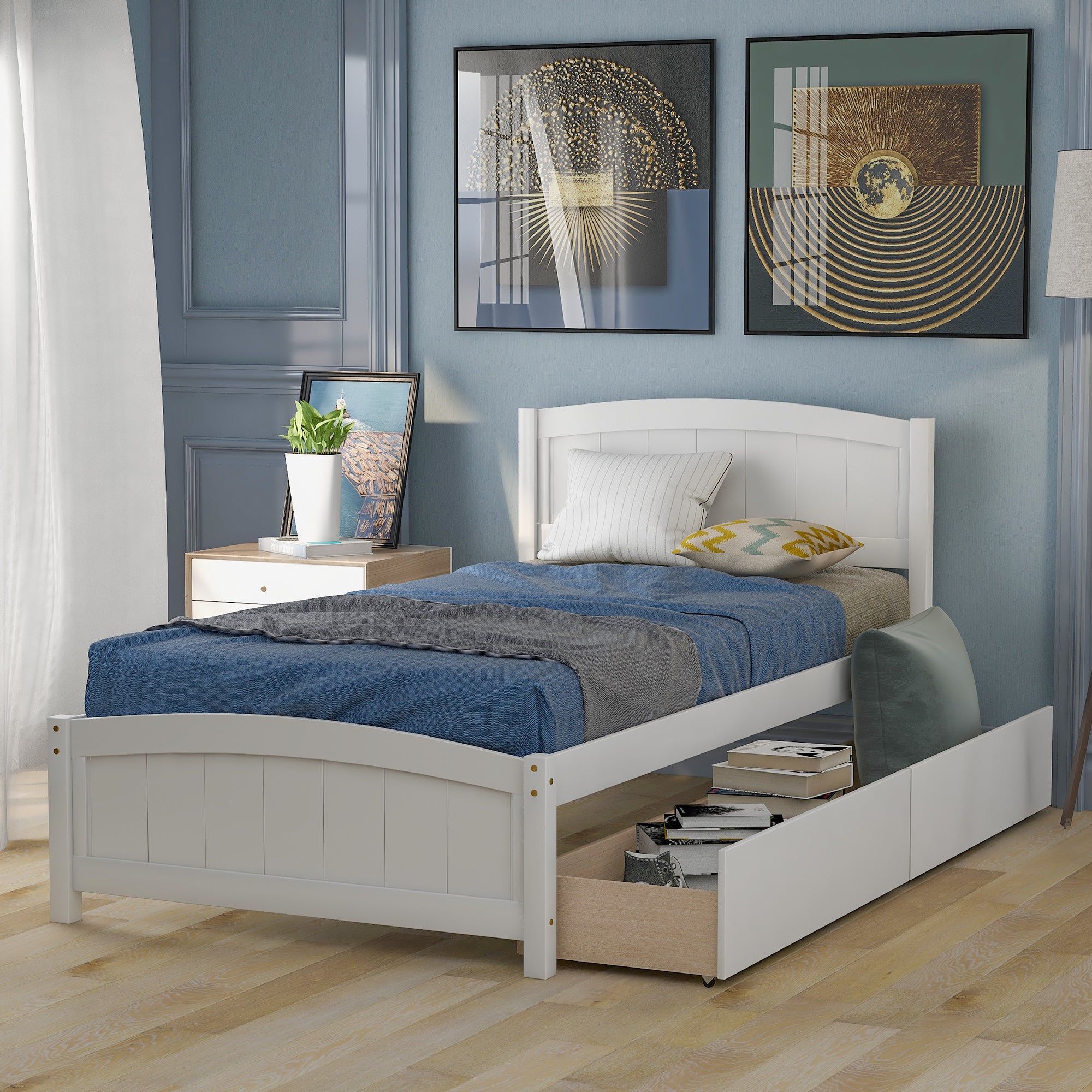 [variant:N850P475817K] Twin Platform Bed with 2 Storage Drawers – White image 2
