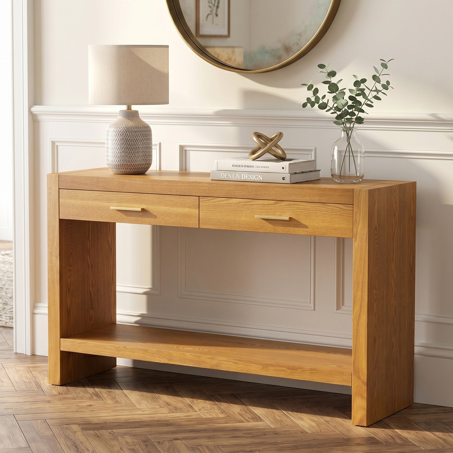[variant:N876P351923D] Farmhouse Console Table with Drawers & Storage Shelf – Natural image 1