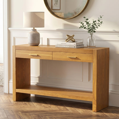[variant:N876P351923D] Farmhouse Console Table with Drawers & Storage Shelf – Natural image 1