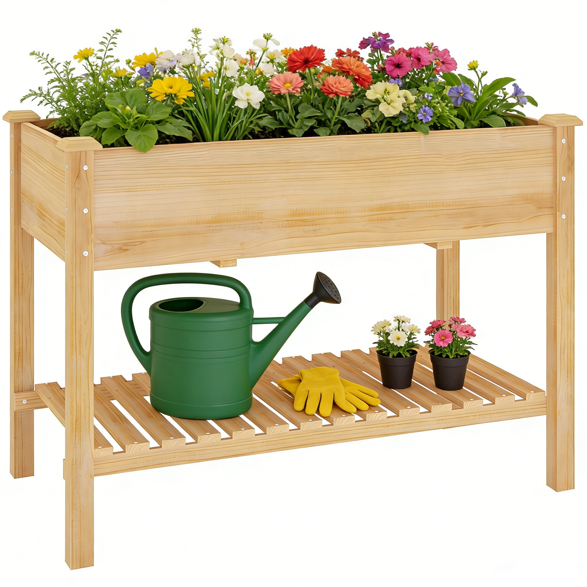 [variant:W3686P439295] Two-Tier Wooden Raised Garden Bed with Shelves image 4