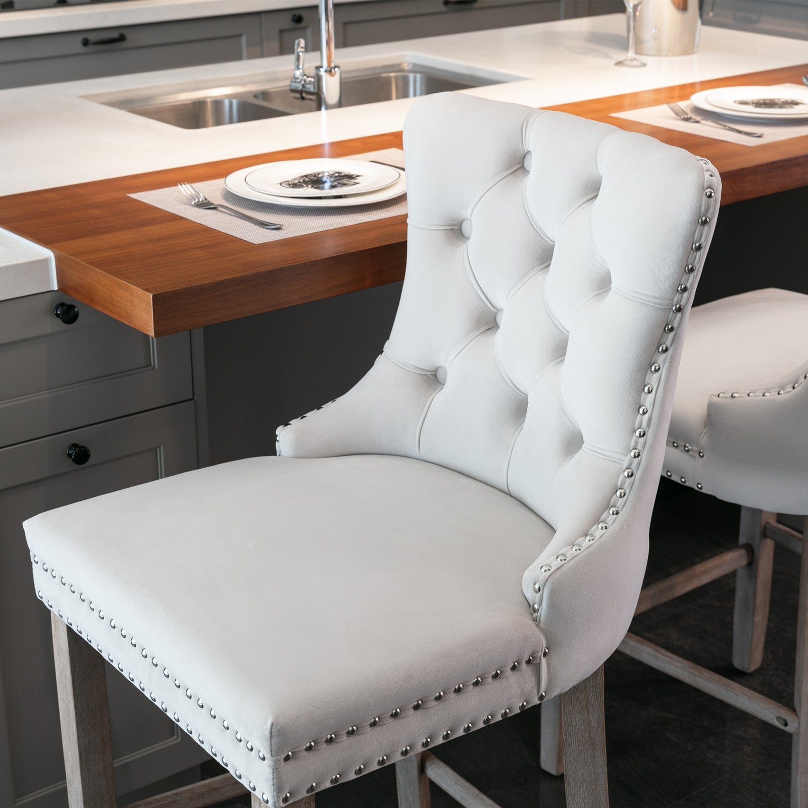 [variant:W5755P474584] Set of 2 Beige Velvet Bar Stools image 10