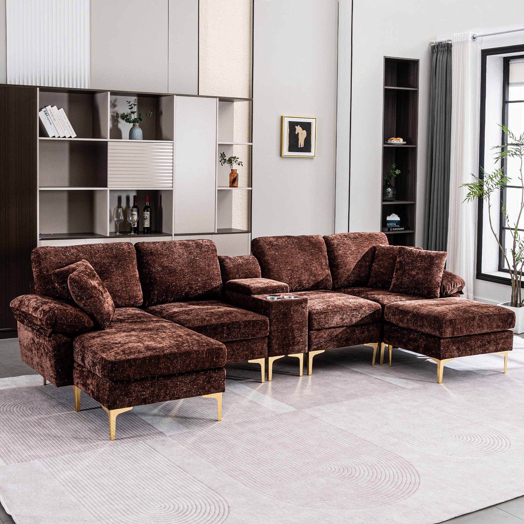 [variant:W3885S00059] U-Shaped Chenille Sectional Sofa with Recliner and Ottoman image 7