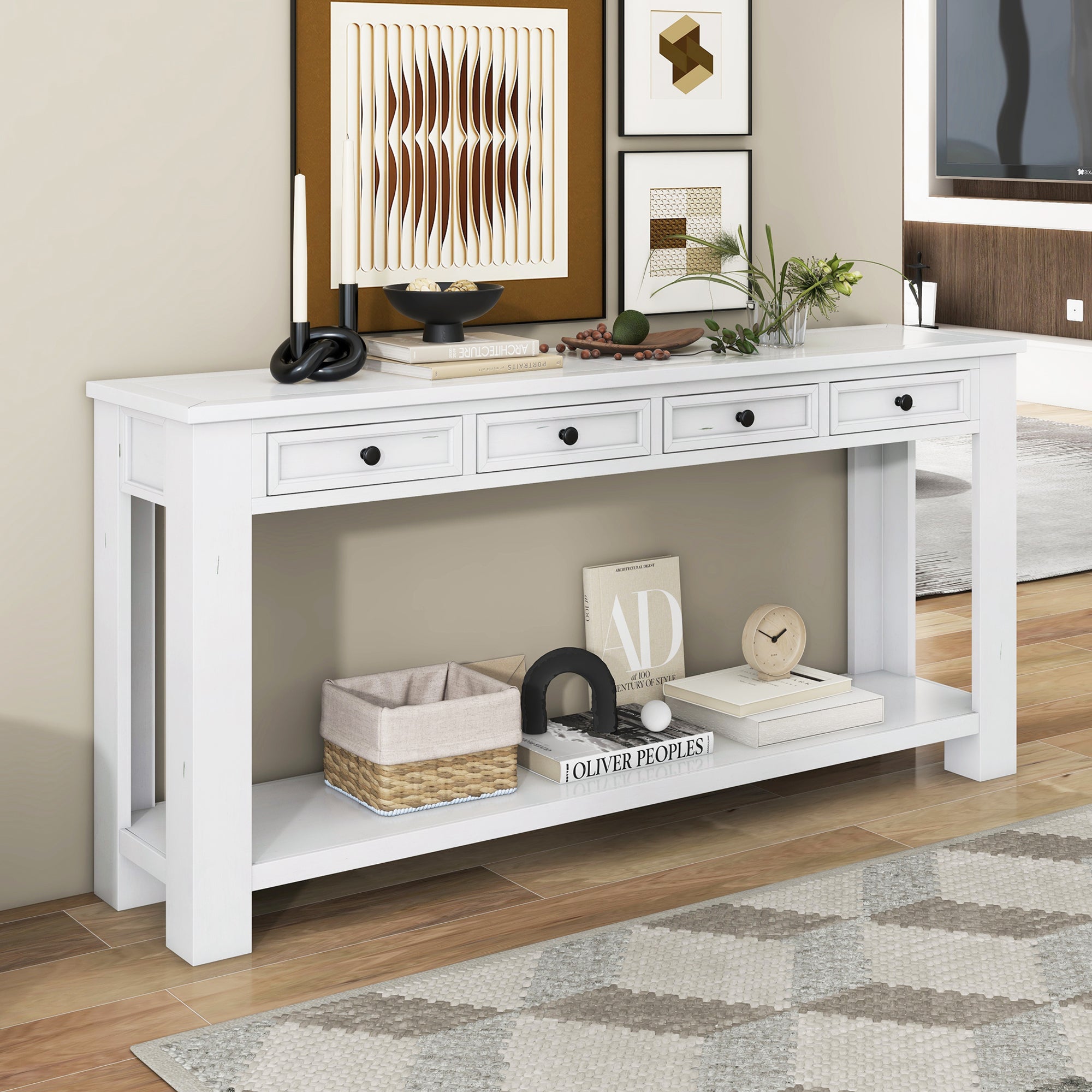 [variant:N852P245606K] Console Table with Drawers & Bottom Shelf – Antique White image 1