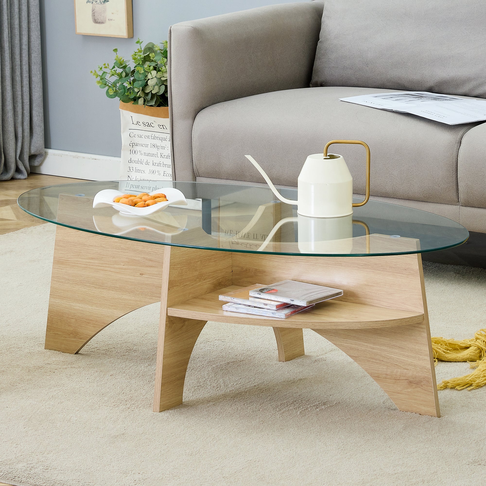 [variant:W3806P404729] 41.3-Inch Oval Glass Coffee Table with Shelf – Natural Wood,Transparent image 1