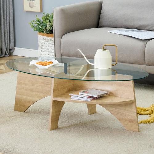 [variant:W3806P404729] 41.3-Inch Oval Glass Coffee Table with Shelf – Natural Wood,Transparent image 1