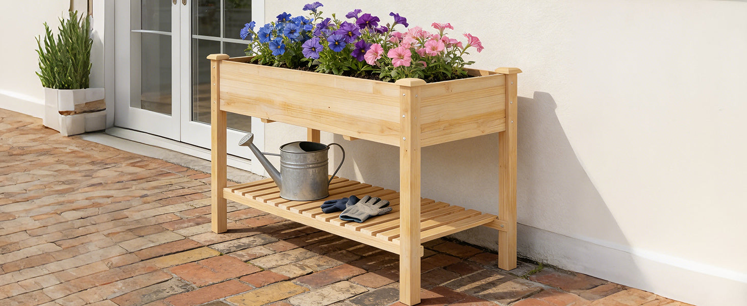 [variant:W3686P439295] Two-Tier Wooden Raised Garden Bed with Shelves image 20