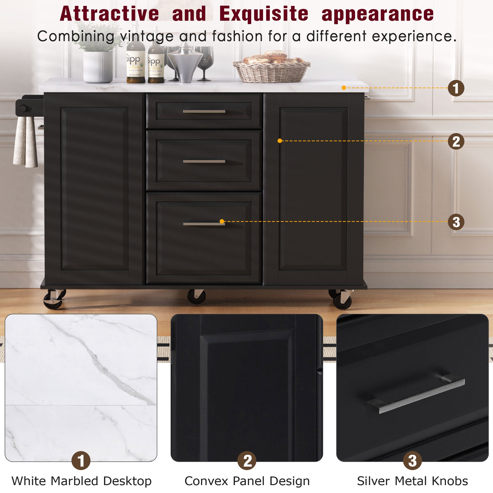 [variant:N853P390045B] Rolling Kitchen Island with Tilt-Out Trash Cabinet – Black, 50.7-Inch image 27
