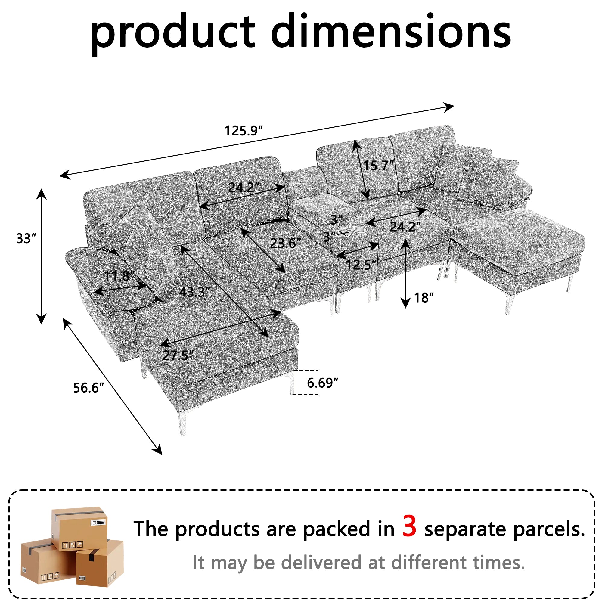 [variant:W3885S00059] U-Shaped Chenille Sectional Sofa with Recliner and Ottoman image 5
