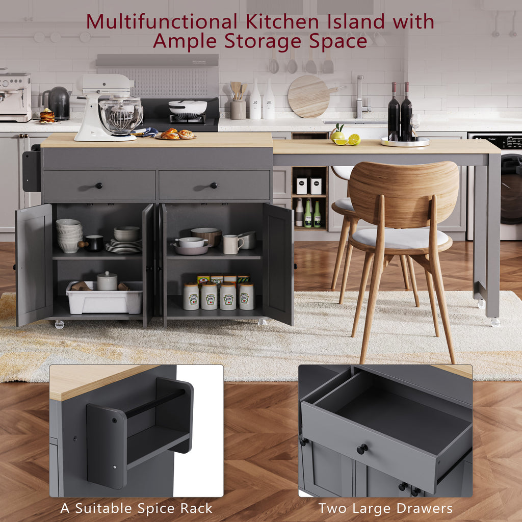 [variant:N853P386264G] Extendable Rolling Kitchen Island with Dining Table – Gray, 74.5-Inch image 21