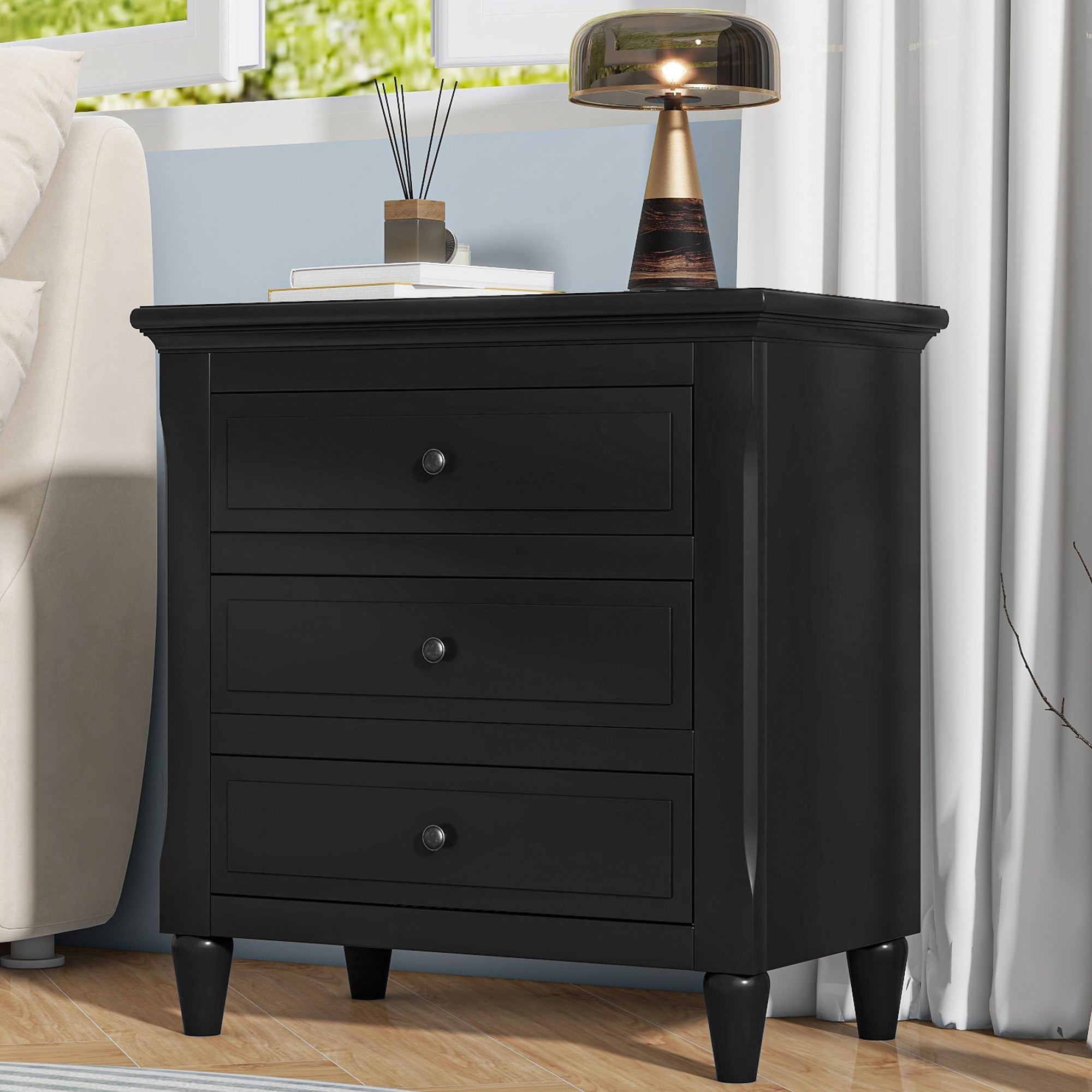 3-Drawer Painted Nightstand – 28-Inch — [variant:N889P444140B] Black image 2