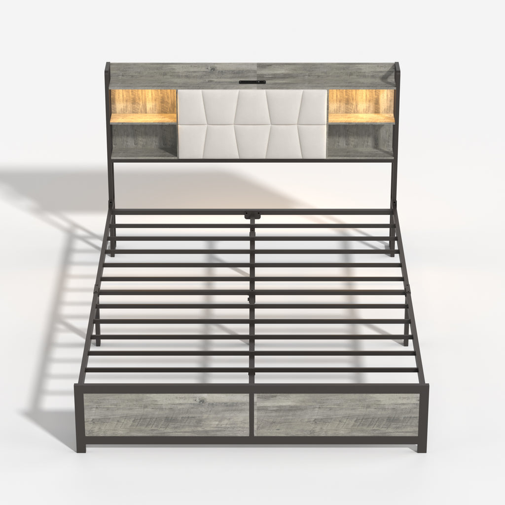 [variant:W5658P487022] Queen Upholstered Platform Bed with Bookcase Headboard, LED Lights & Charging Station image 7