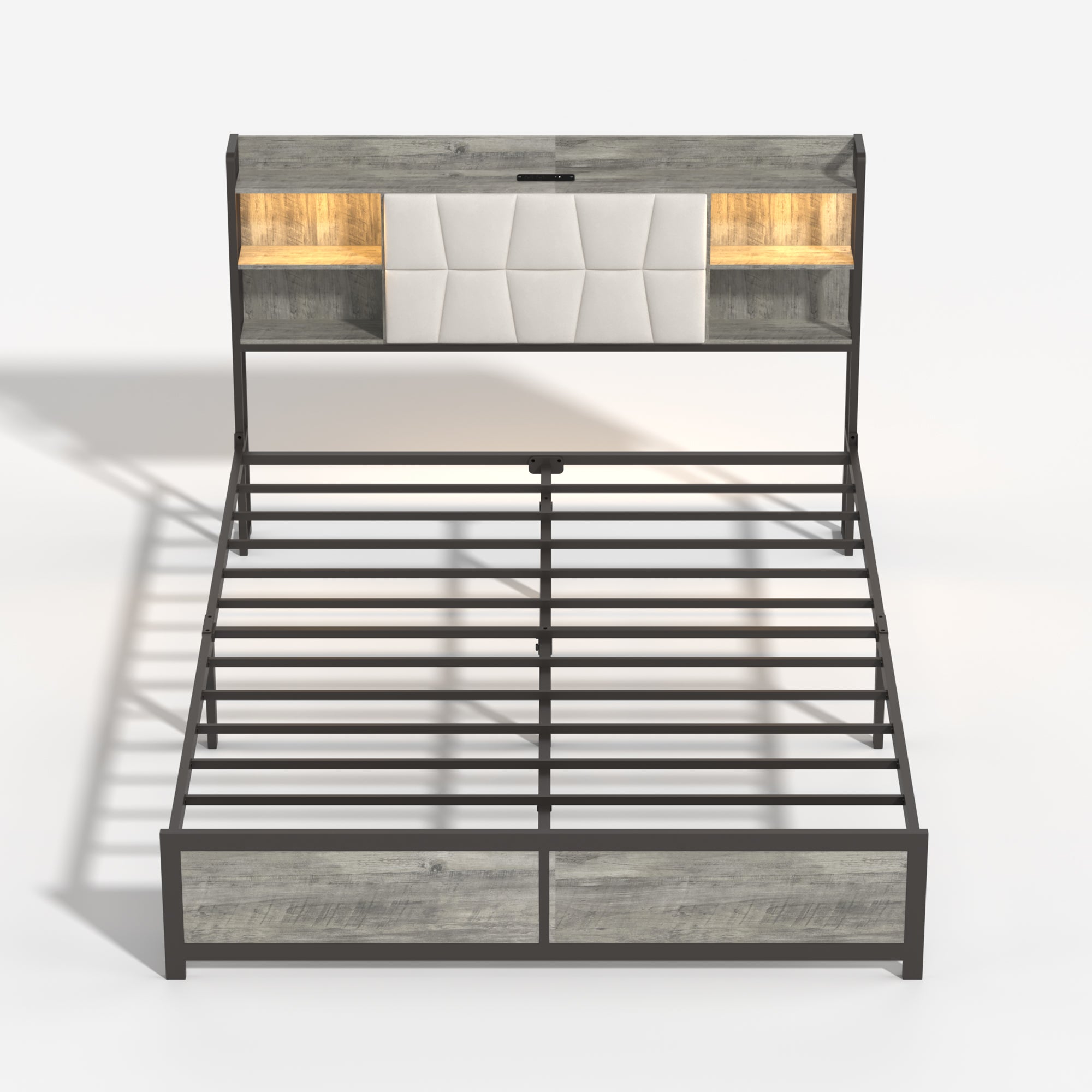 [variant:W5658P487022] Queen Upholstered Platform Bed with Bookcase Headboard, LED Lights & Charging Station image 7