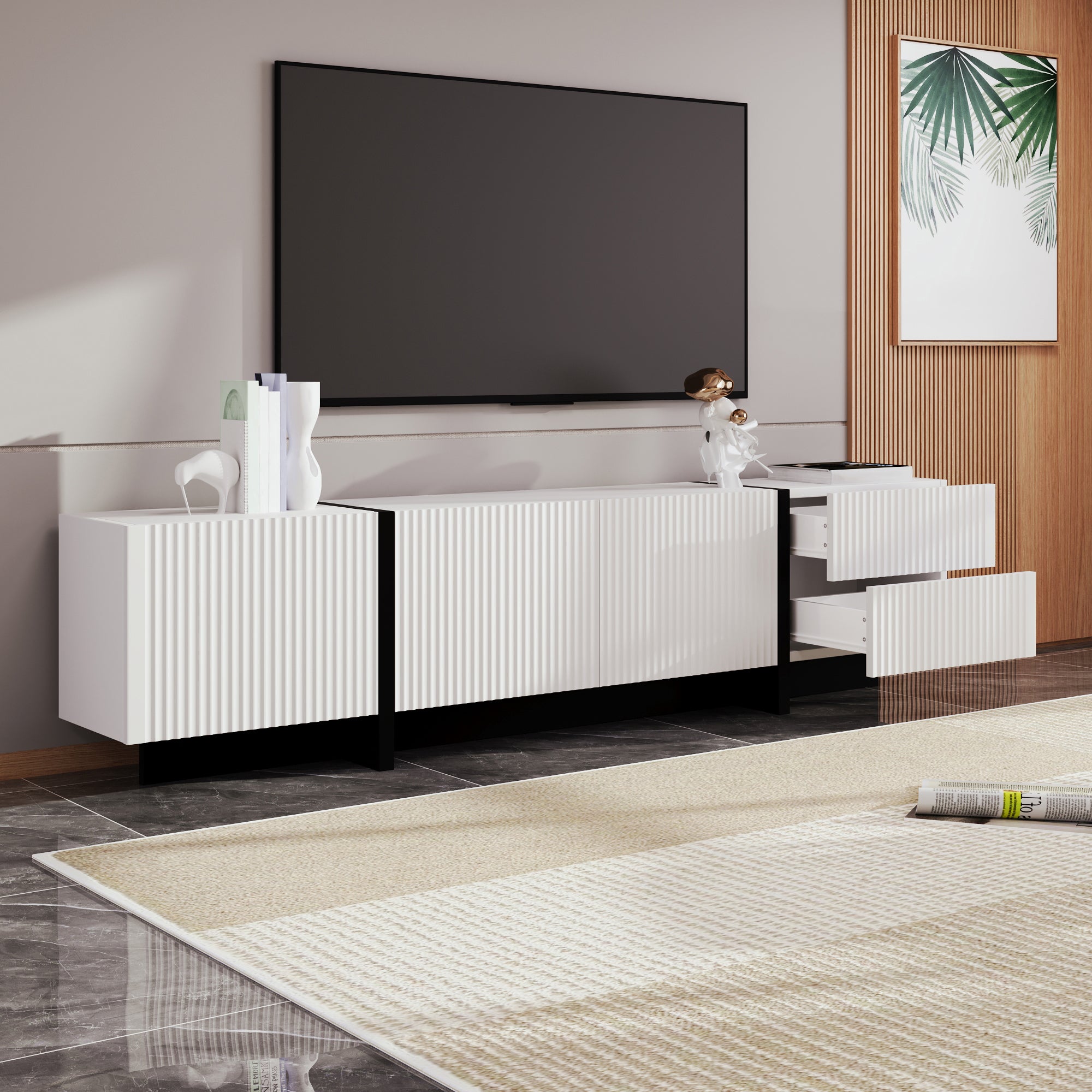 [variant:GA0014S] Modern TV Stand with 3 Doors and 2 Drawers – Black and White image 8