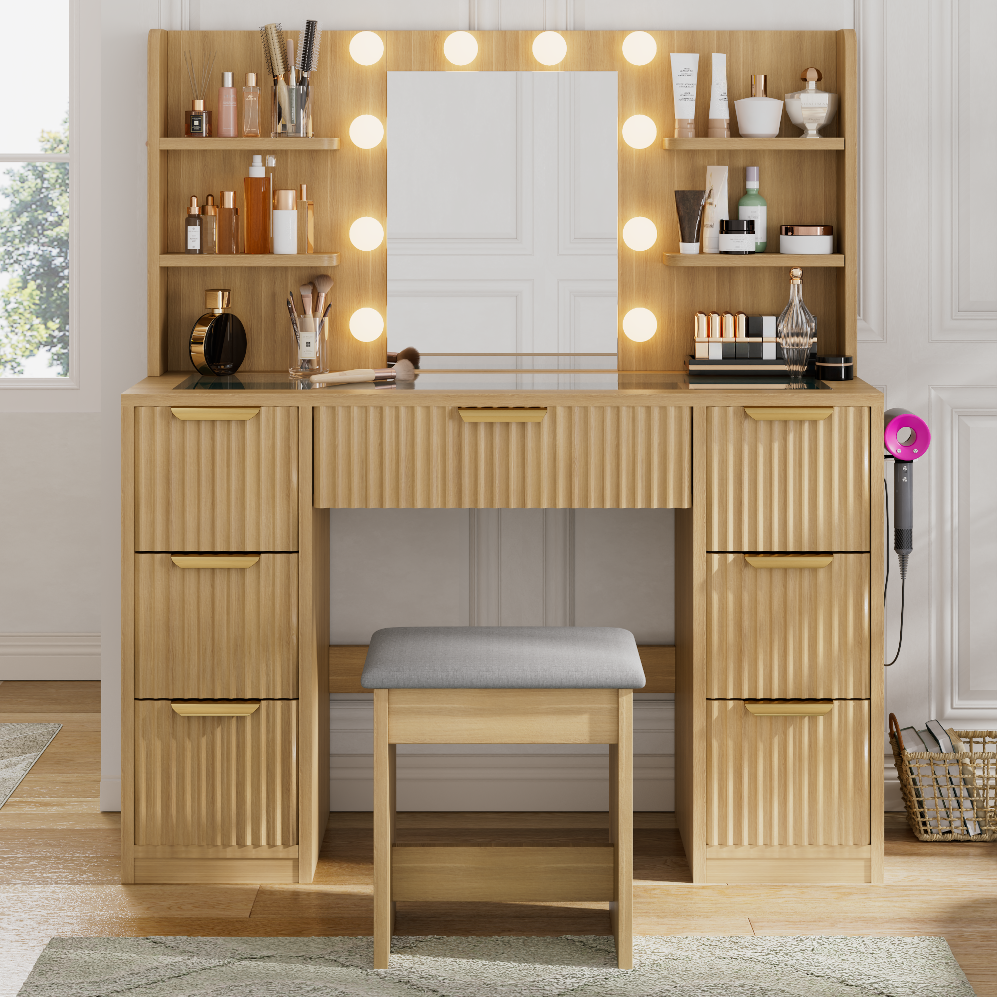 [variant:N881S436333N] Fluted 7-Drawer Vanity Desk with LED Mirror and Stool image 1