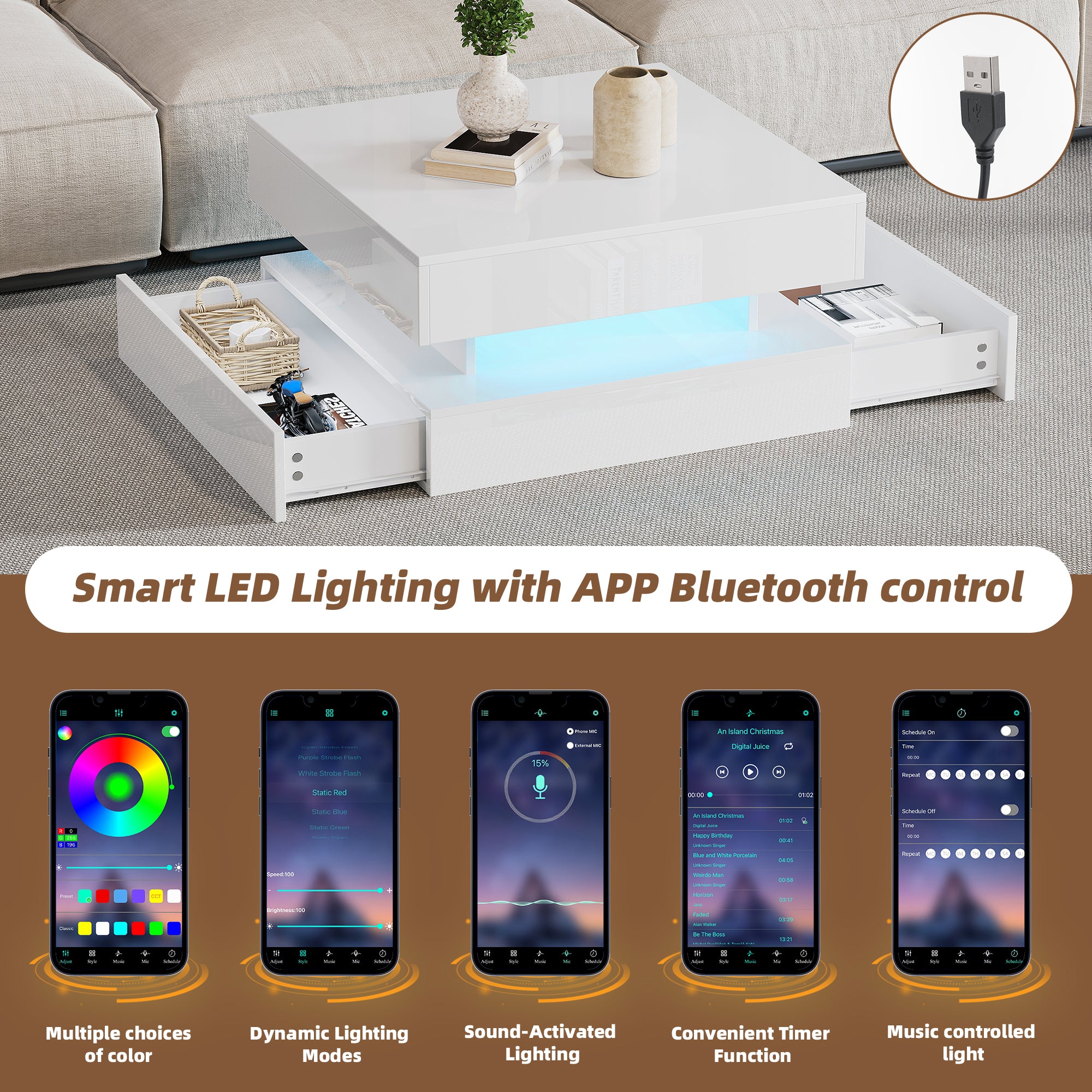 [variant:N892P407973W] White Lift-Top LED Coffee Table with 2 Drawers image 27