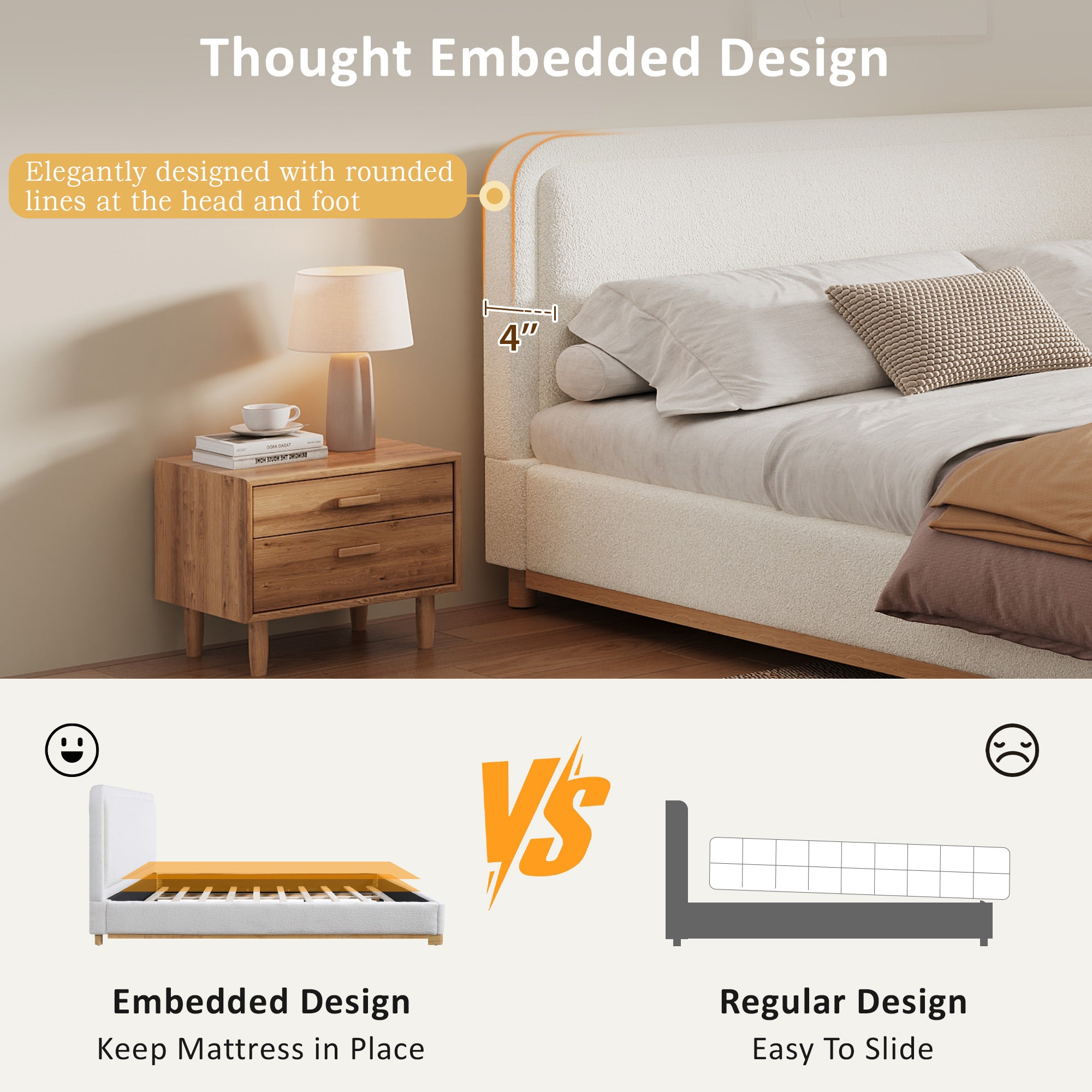 [variant:N859K000012W] King Bouclé Platform Bed with Curved Headboard – White image 8
