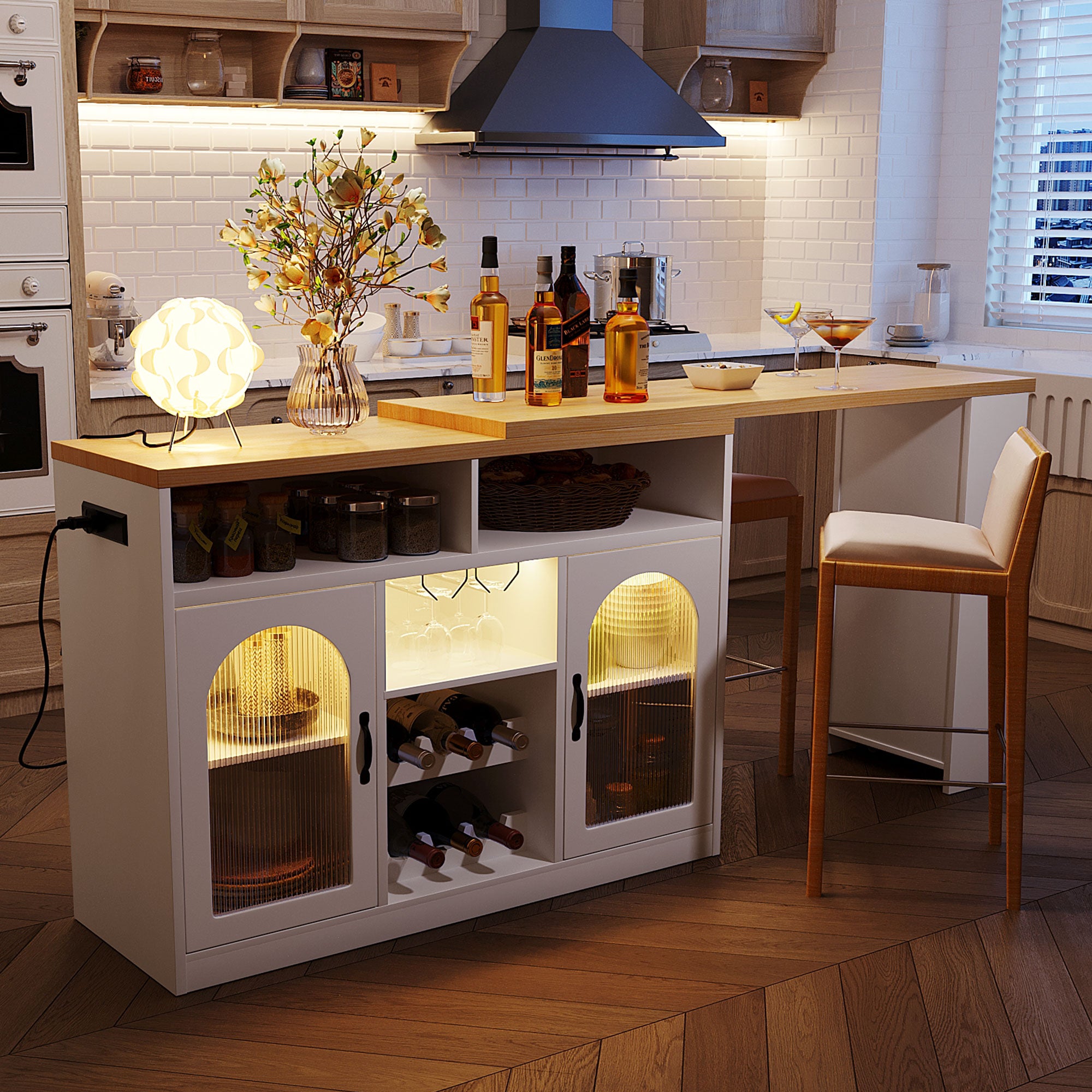 [variant:WT000006AAK] LED Rolling Bar Cabinet with Power Outlet – White+Natural image 1