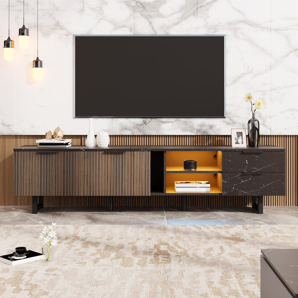 [variant:GA0010N] LED TV Stand with 2 Doors and 2 Drawers – Black Marble and Wood Grain image 15