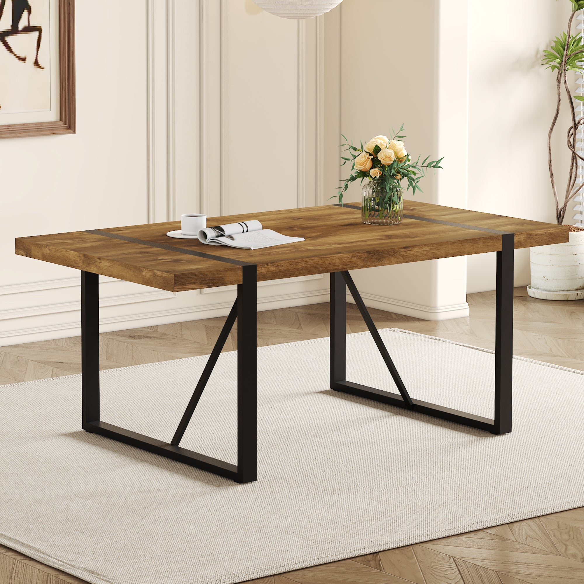 [variant:W3806P432339] Wood-Grain Dining Table with Metal Legs – 71-Inch image 2