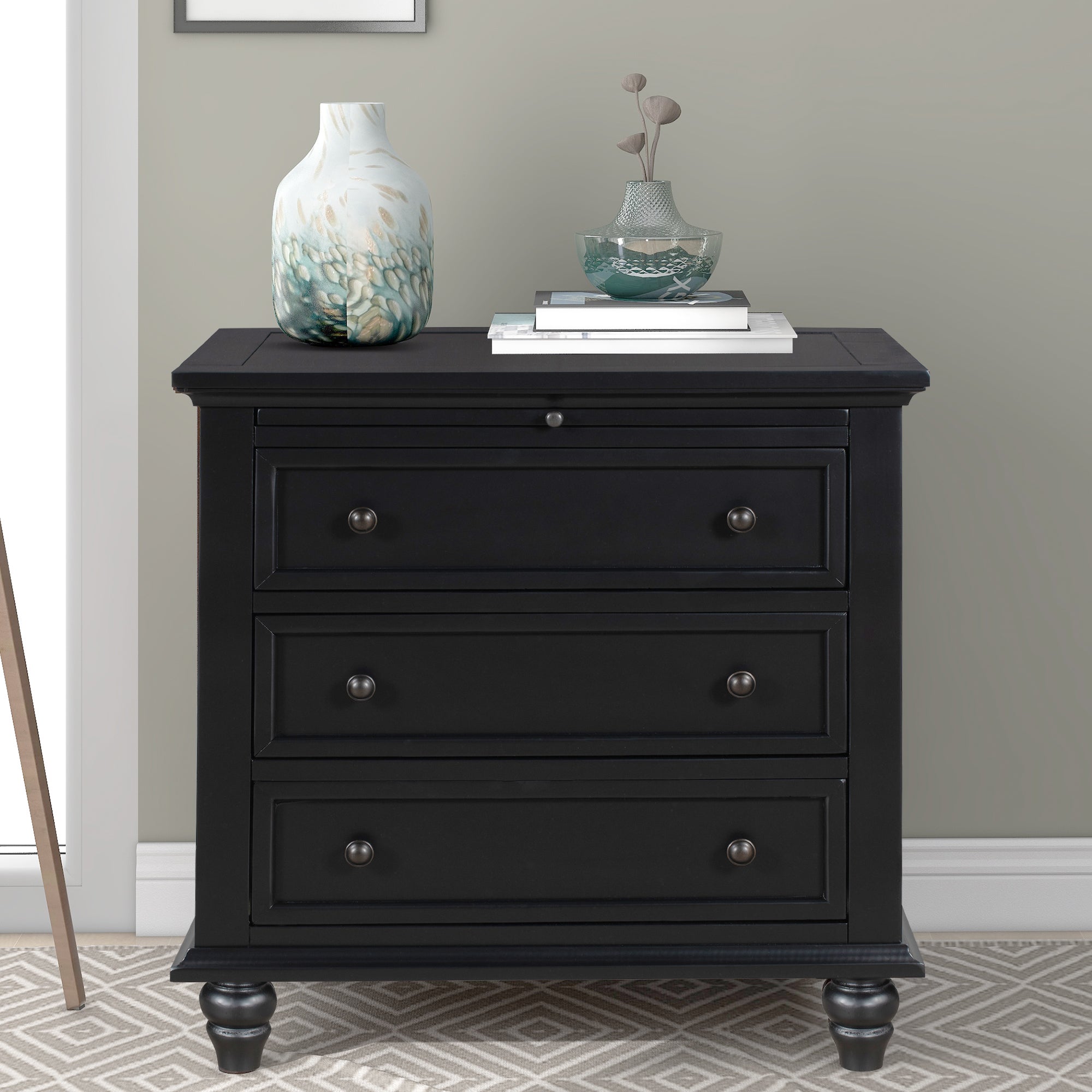 [variant:N889P444139B] 3-Drawer Nightstand with Pull-Out Tray – 27.6-Inch – Black image 1