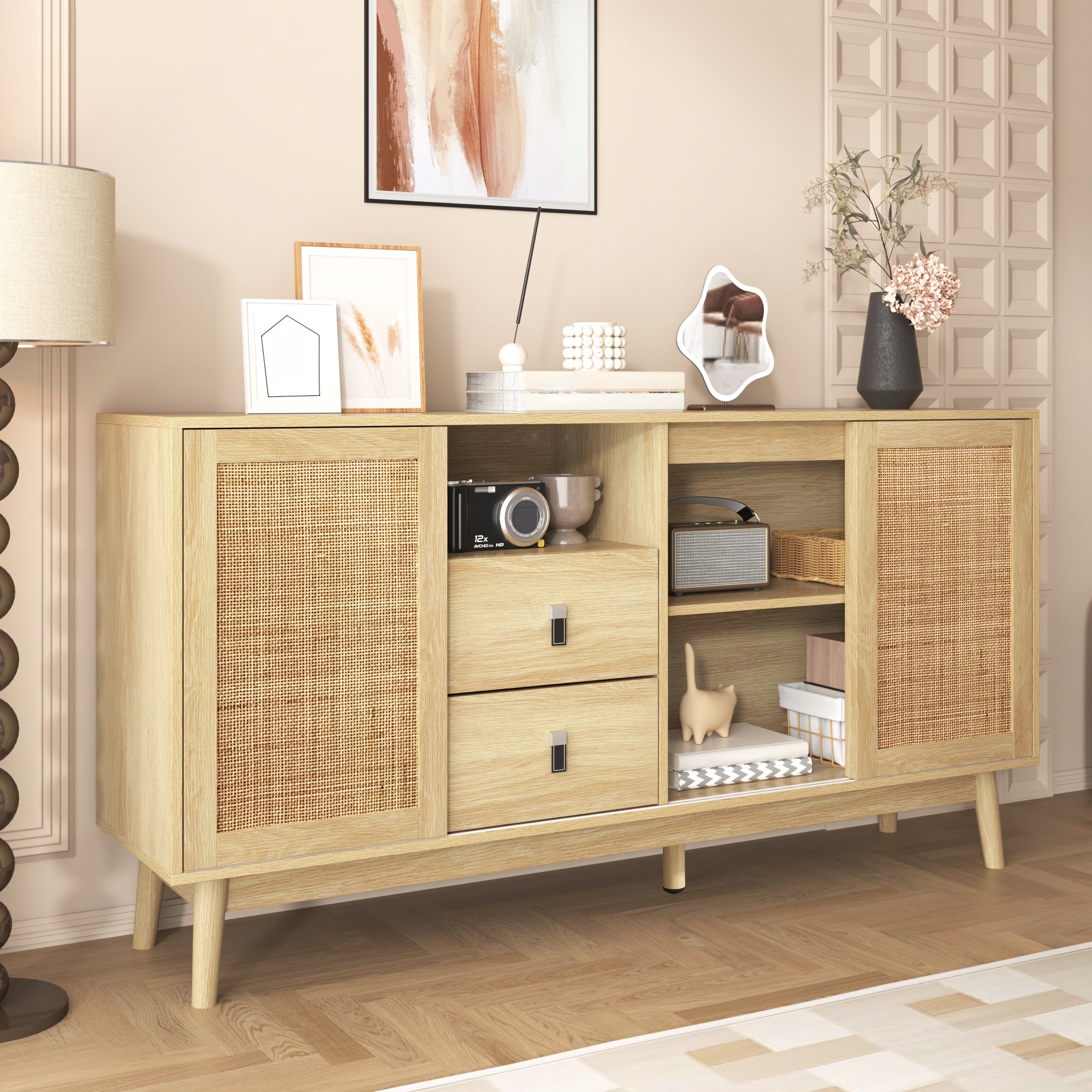 Rattan 3-Door Sideboard with 2 Drawers — [variant:GA0004O] Wood – GA0004O image 3