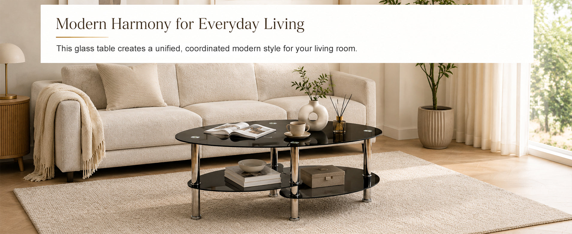 2-Tier Oval Tempered Glass Coffee Table — [variant:W3738P499153] Black image 12
