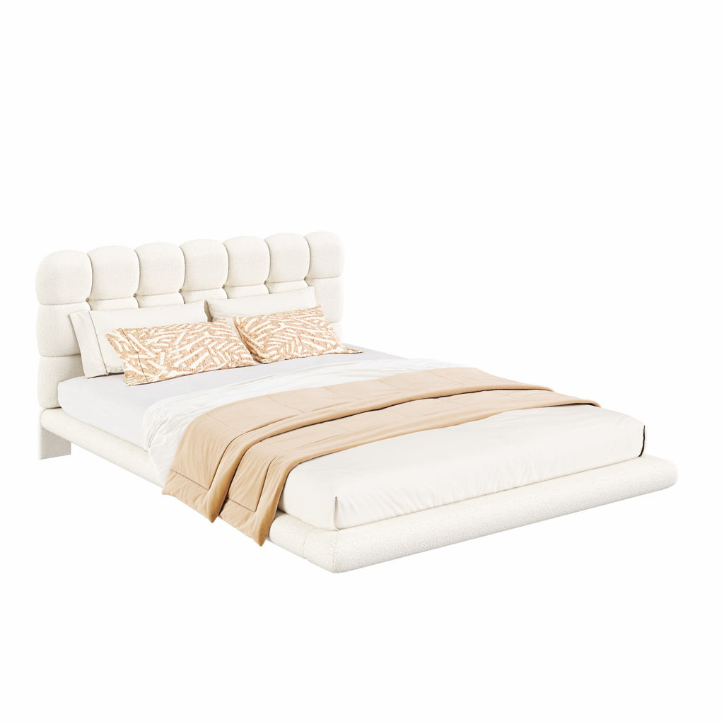 [variant:HS451577AAK] Queen LED Floating Bouclé Platform Bed – Cream White image 14