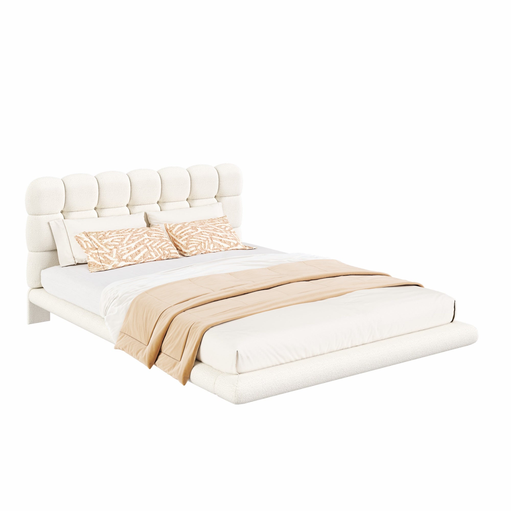 [variant:HS451577AAK] Queen LED Floating Bouclé Platform Bed – Cream White image 14