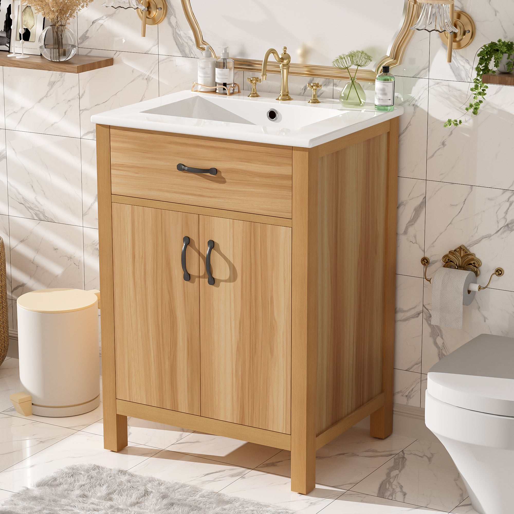 [variant:N848P469792N] Solid Wood Bathroom Vanity with Ceramic Sink – 24-Inch image 2