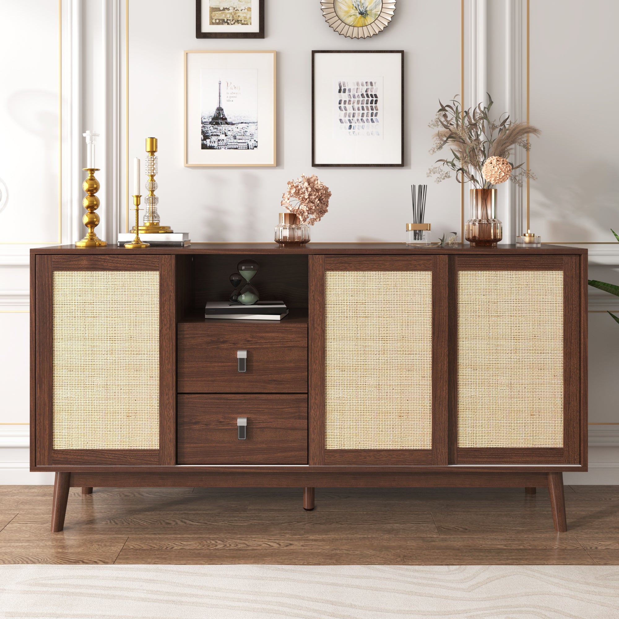 Rattan 3-Door Sideboard with 2 Drawers — [variant:GA0004N] Wood image 6