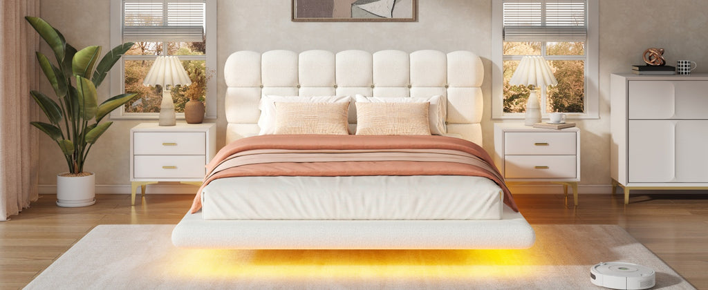 [variant:HS451577AAK] Queen LED Floating Bouclé Platform Bed – Cream White image 25