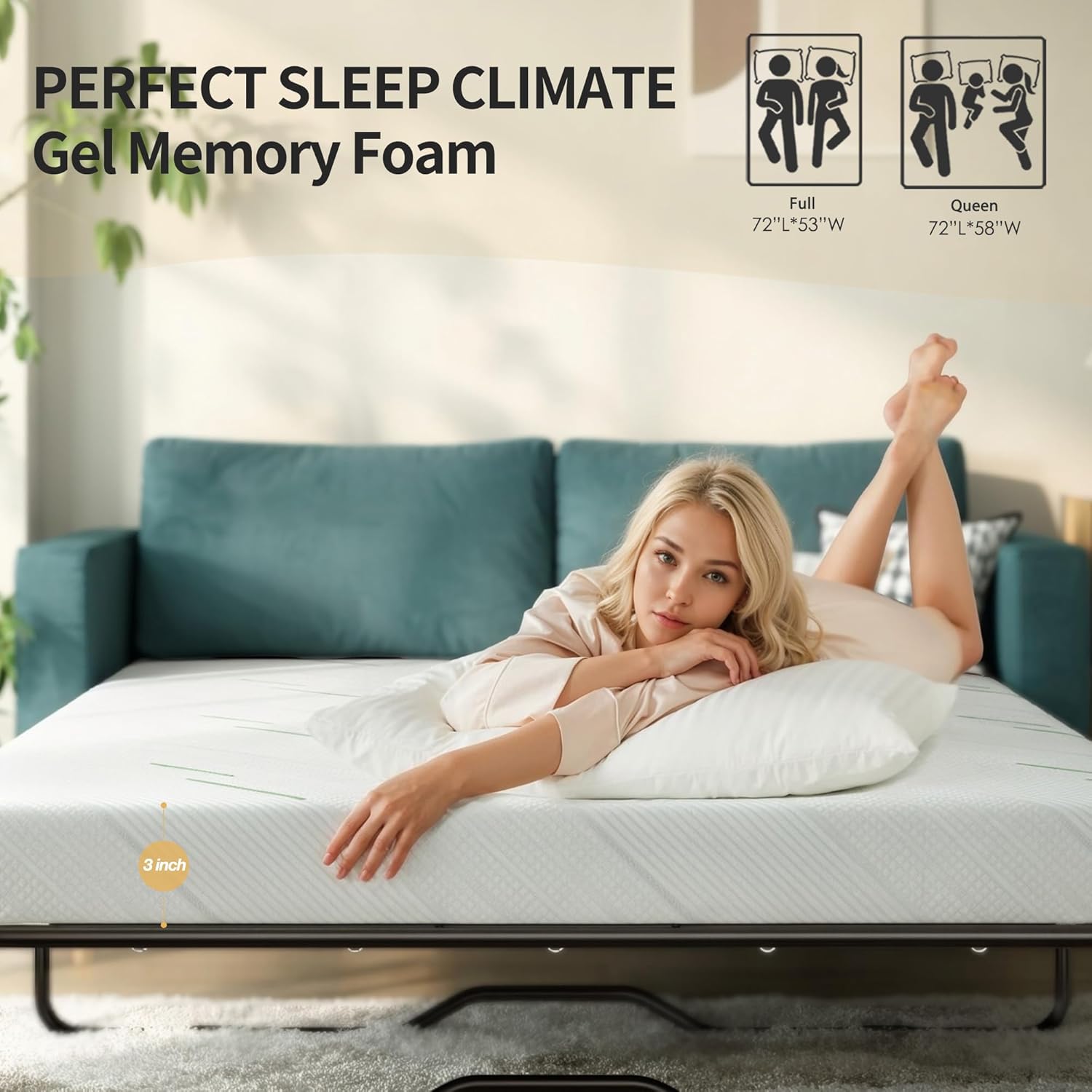 [variant:W3686P477347] Queen Memory Foam Sofa Bed Mattress – 3-Inch, White image 27