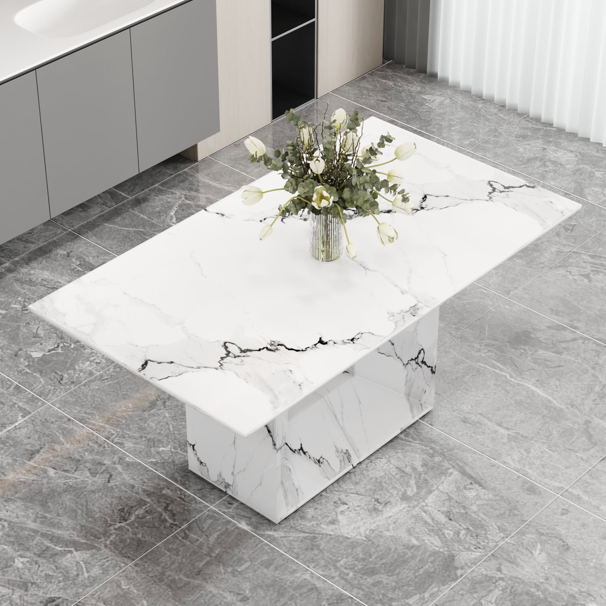 [variant:W3806S00015] White Marble-Look Dining Table image 2