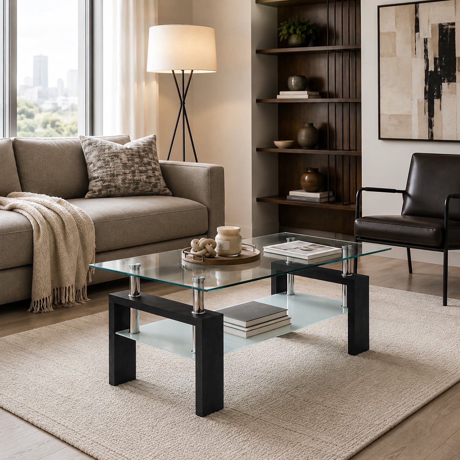 Modern Tempered Glass Coffee Table – Natural or Black — [variant:W3738P499161] Black image 2