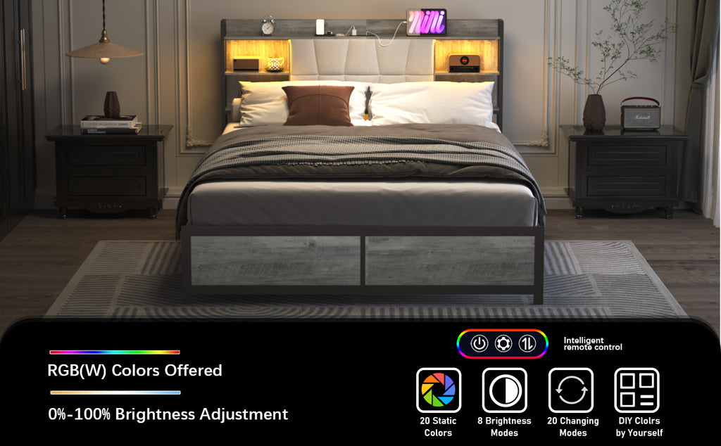 [variant:W5658P487022] Queen Upholstered Platform Bed with Bookcase Headboard, LED Lights & Charging Station image 5