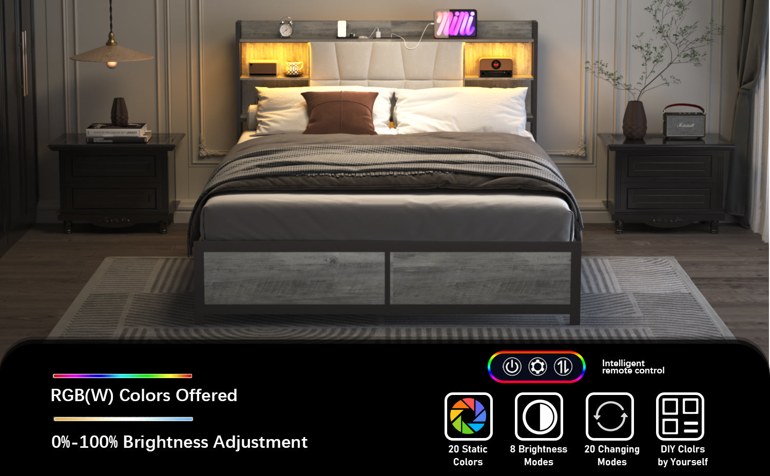 [variant:W5658P487022] Queen Upholstered Platform Bed with Bookcase Headboard, LED Lights & Charging Station image 5