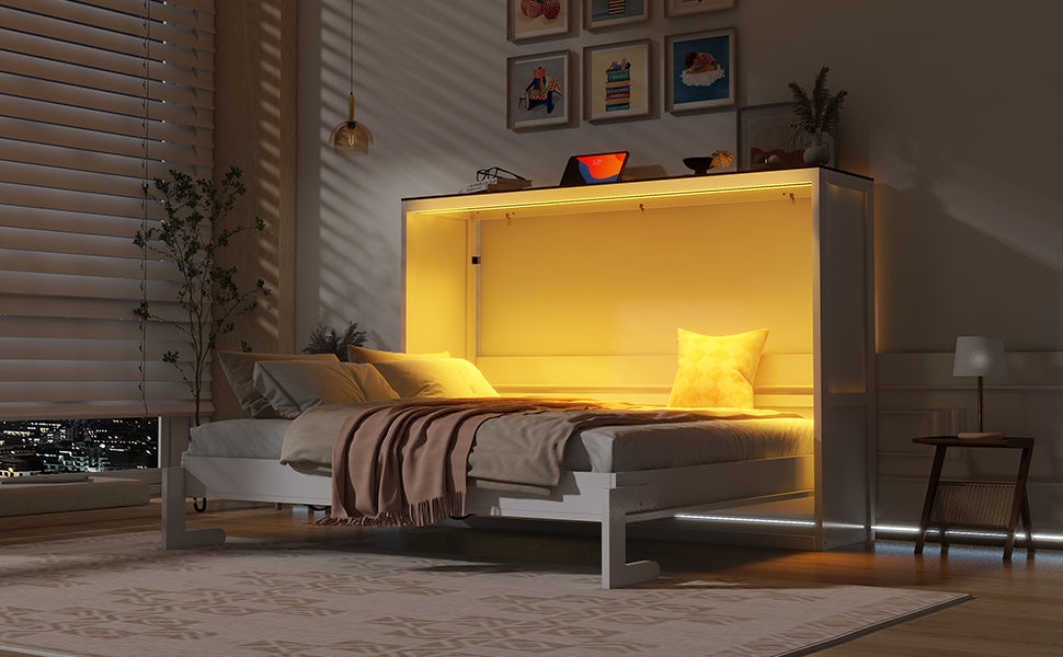 [variant:N8470004035K-1] Queen LED Murphy Bed Cabinet – White and Brown image 6