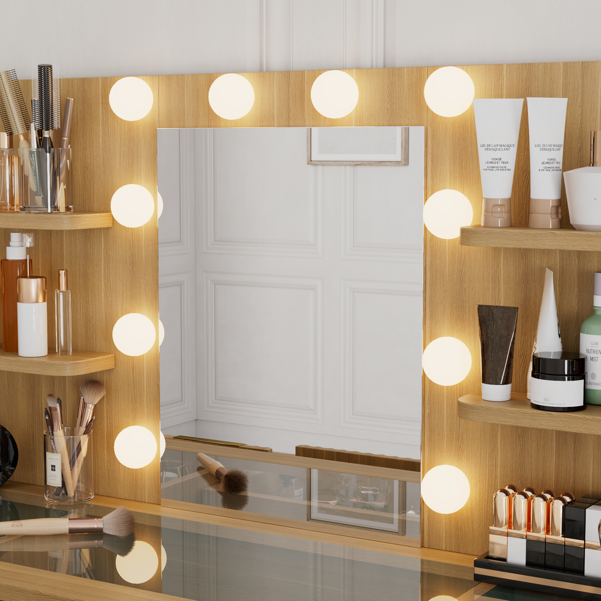 [variant:N881S436333N] Fluted 7-Drawer Vanity Desk with LED Mirror and Stool image 14