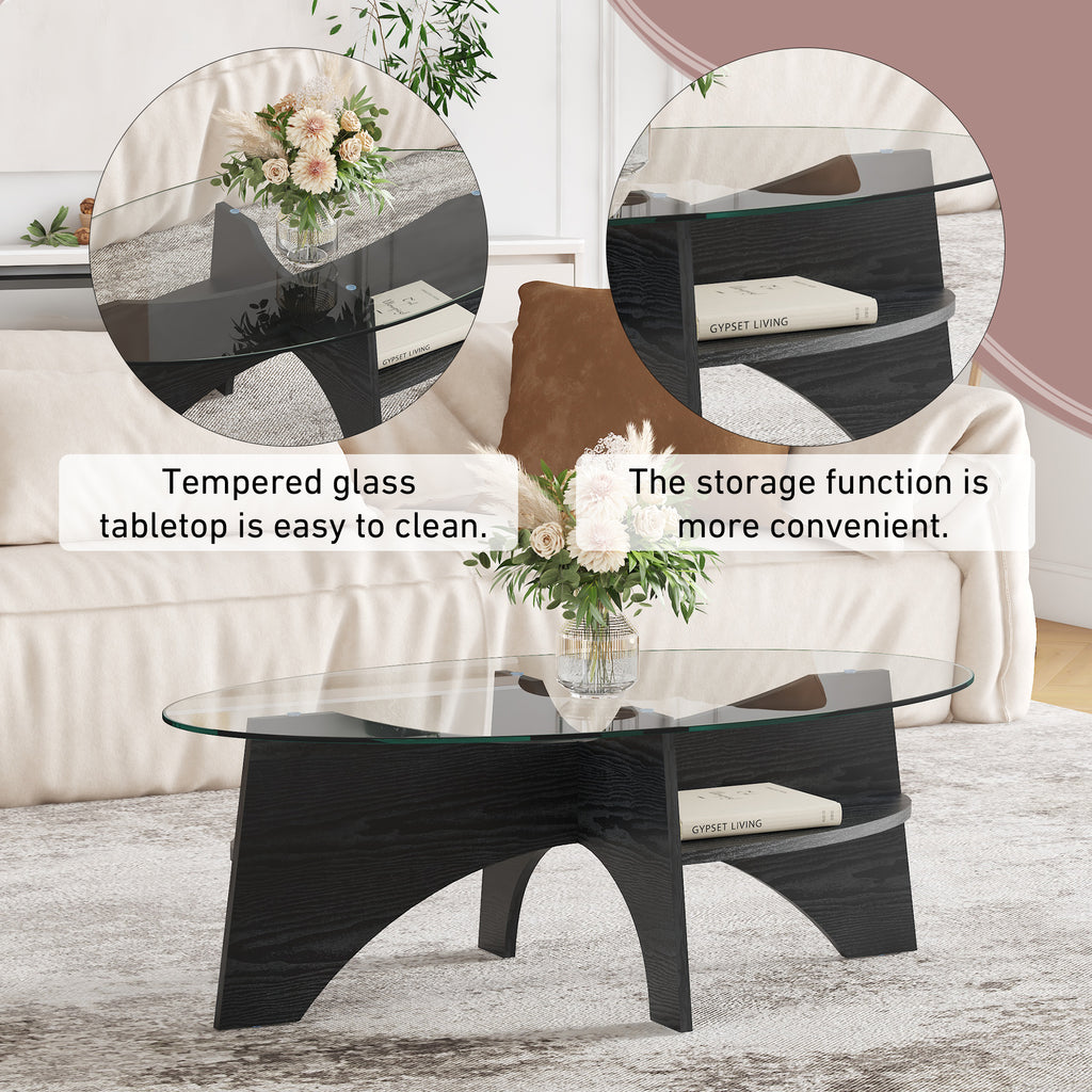 [variant:W3806P404727] Oval Glass Coffee Table with Black Fan-Shaped Base image 7