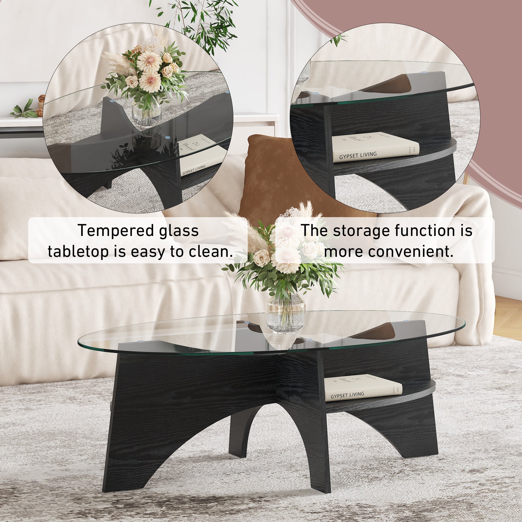 [variant:W3806P404727] Oval Glass Coffee Table with Black Fan-Shaped Base image 7