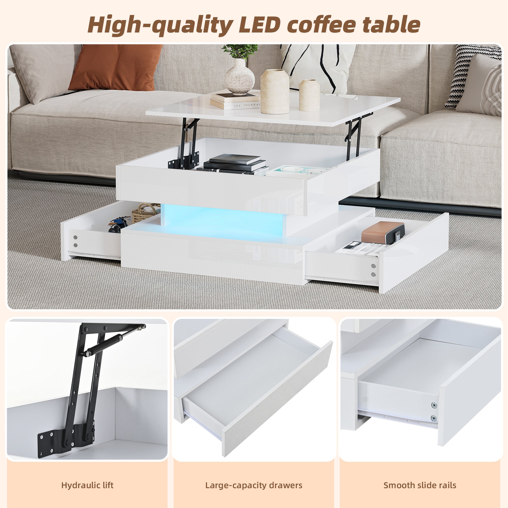 [variant:N892P407973W] White Lift-Top LED Coffee Table with 2 Drawers image 28