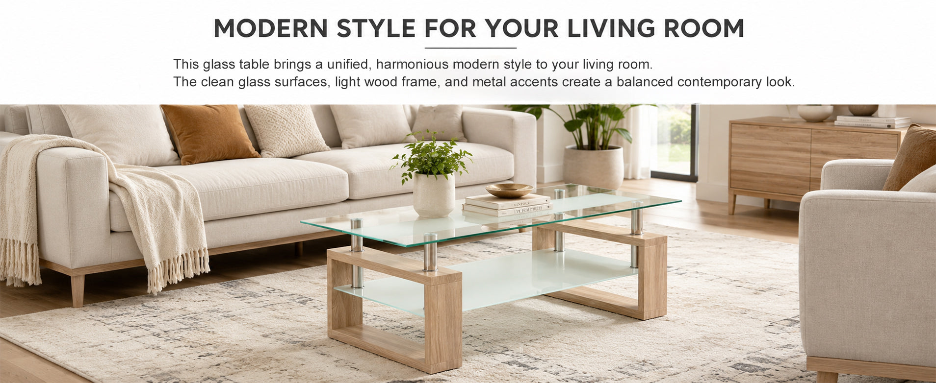 2-Tier Rectangular Tempered Glass Coffee Table — [variant:W3738P499156] Natural,Transparent image 13