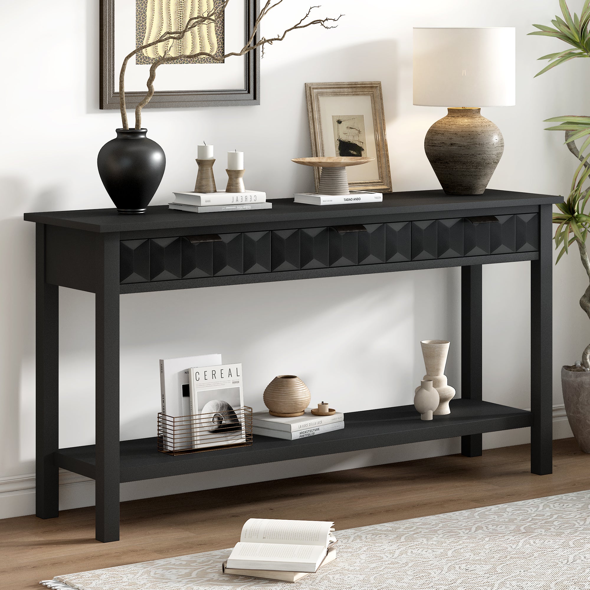 [variant:N889P367359B] Fir Veneer Console Table with 3 Drawers – 60-Inch – Black image 1