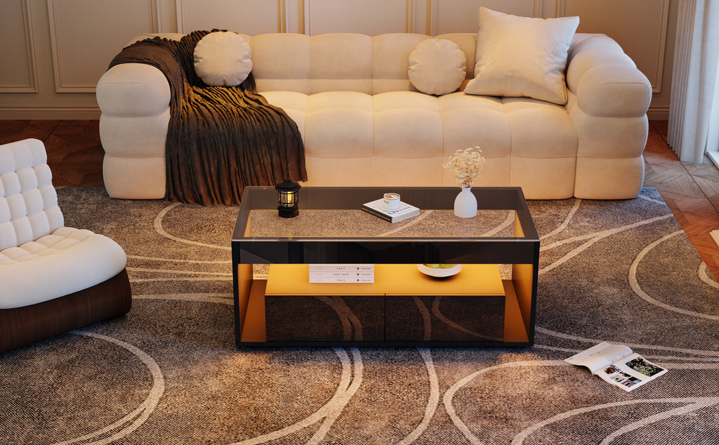 [variant:N892P428787B] High-Gloss LED Coffee Table with Glass Top and Drawers image 2