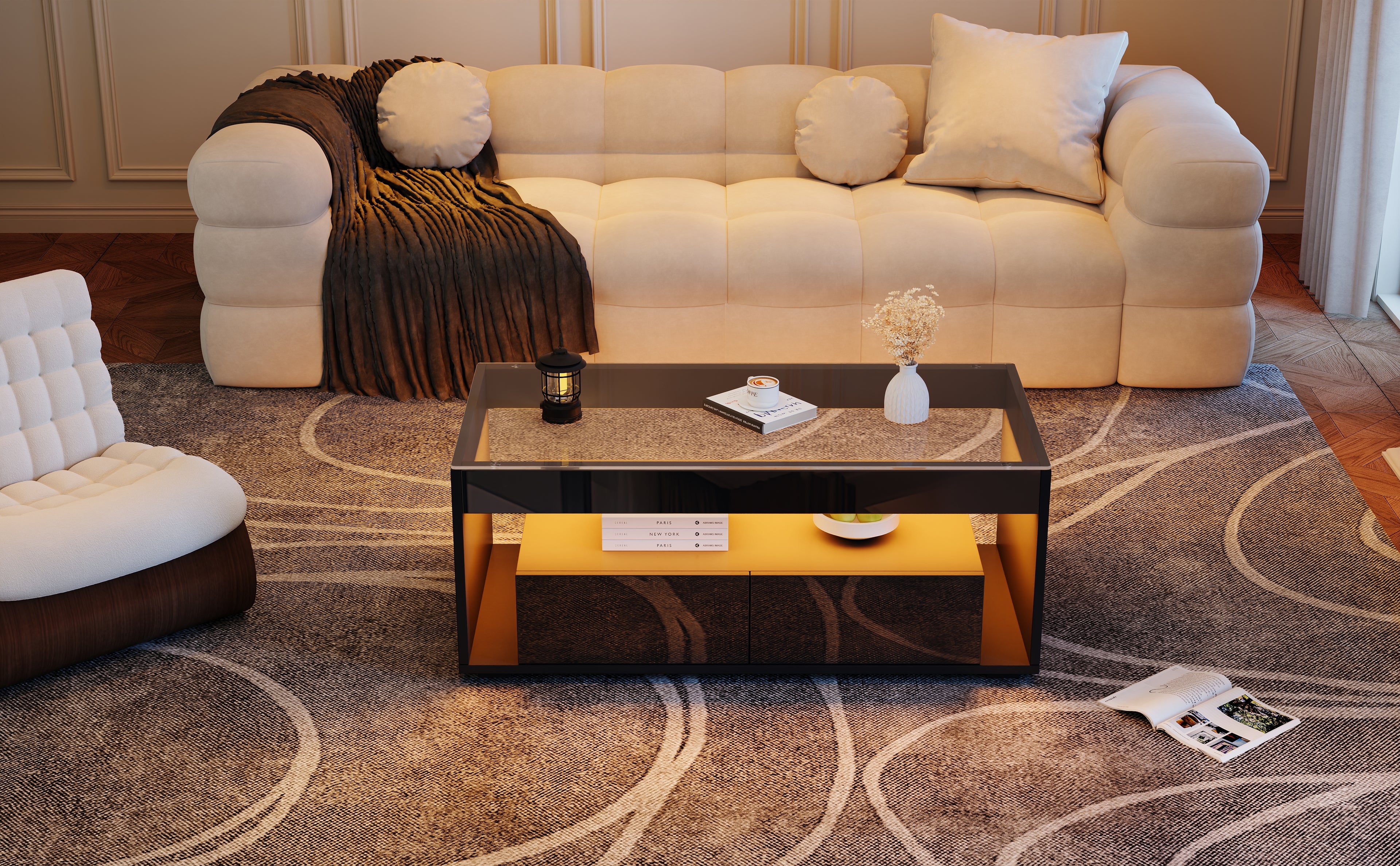 [variant:N892P428787B] High-Gloss LED Coffee Table with Glass Top and Drawers image 2