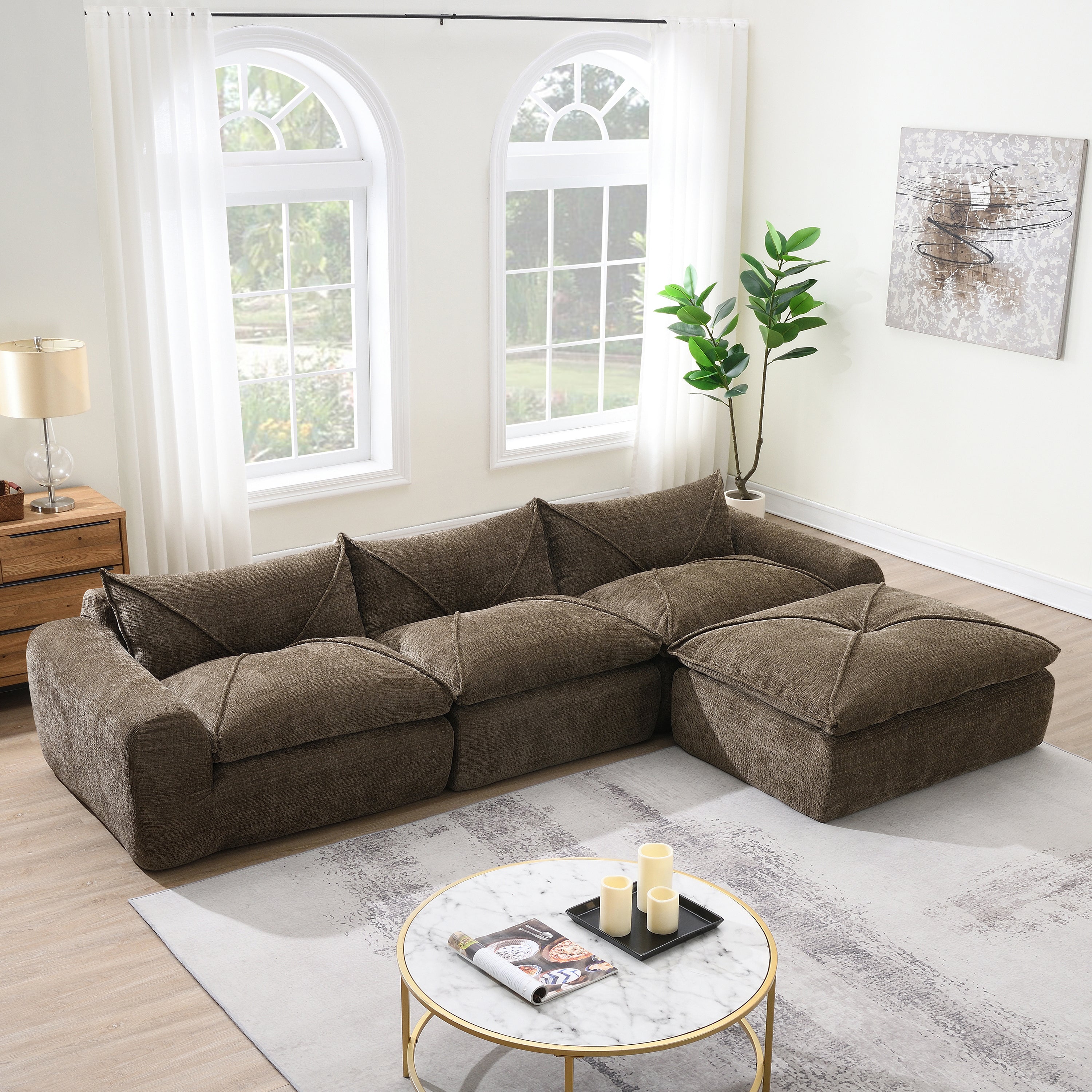[variant:N851S9707D] 116-Inch Chenille Modular Sectional Sofa with Ottoman – Brown image 1